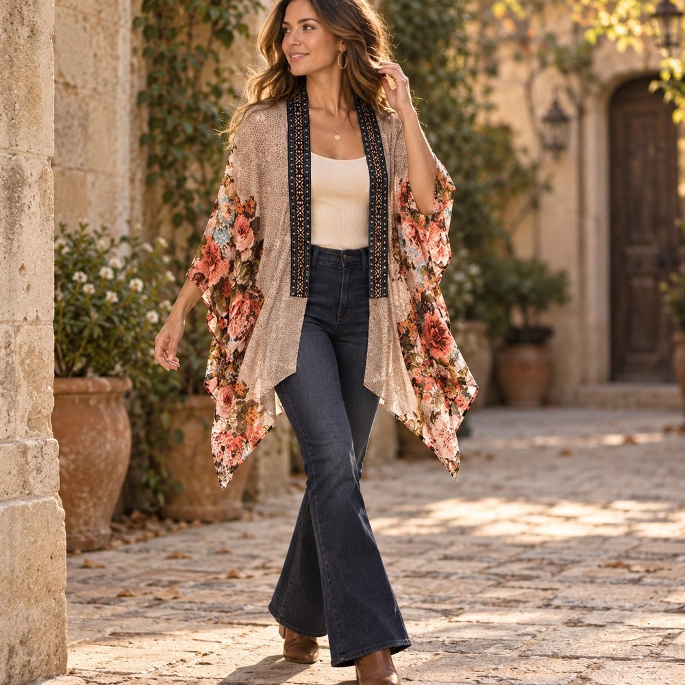 Entro Boho Revival Floral Kimono Cardigan Handkerchief Hem Medium